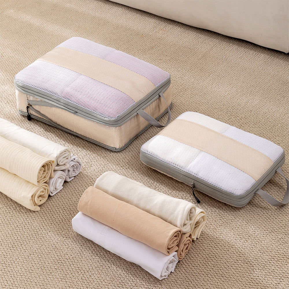 3Pcs Compression Packing Cubes for Travel Lightweight Storage Bags Set-Beige