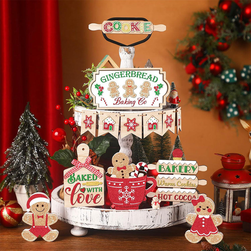 13Pcs Christmas Wooden Sign for Tiered Tray Gingerbread Man Xmas Tabletop Signs Decor