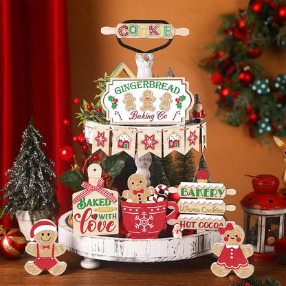 13Pcs Christmas Wooden Sign for Tiered Tray Gingerbread Man Xmas Tabletop Signs Decor