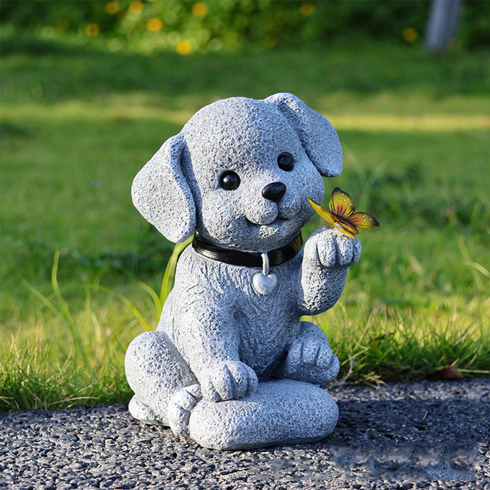 Solar Dog Outdoor Statues for Garden Outside Decor with Butterfly for Yard Art Lawn Ornaments