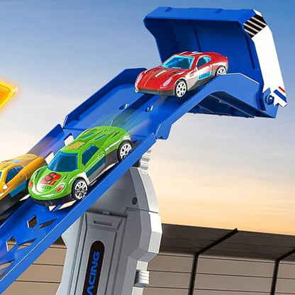 Large Dual Track Transporter Truck Toy Set with 6 Alloy Racing Cars - Blue