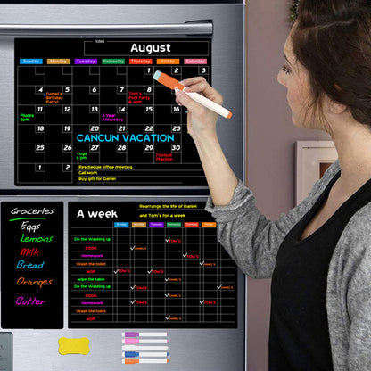 Magnetic Black Dry Erase Calendar Set Monthly Daily Planner Whiteboard Sheet for Fridge