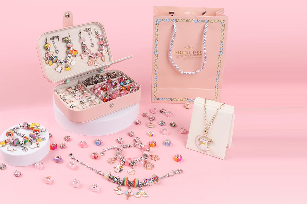 133Pcs Charm Bracelet Making Kit for Girls with Jewelry Box DIY Beaded Jewelry Making Kit Christmas Gift-Rainbow and Pink