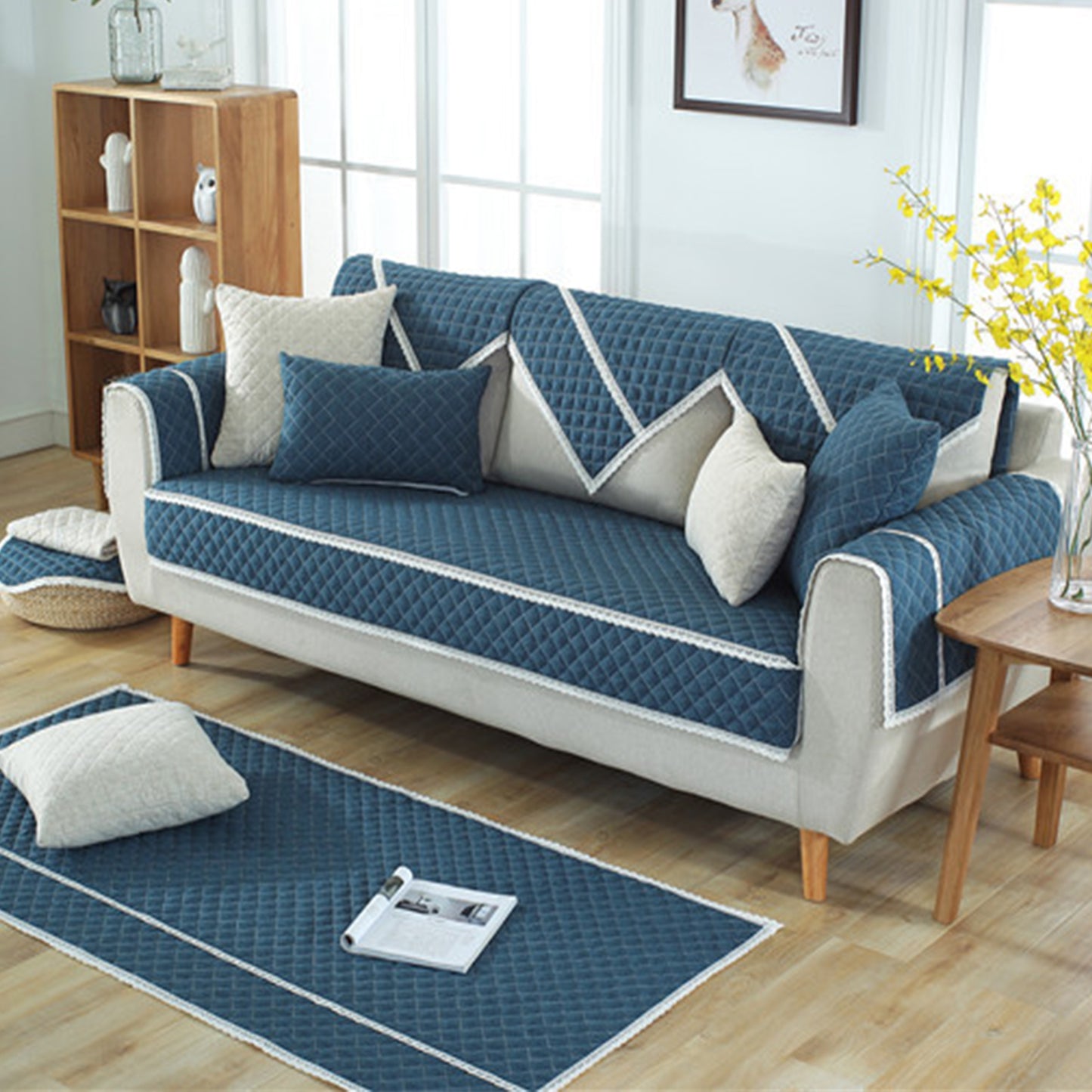 Soft Sofa Cover Quilted Sectional Couch Covers -Blue