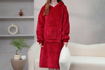 Wearable Blanket Sweatshirt for Women and Men Thick Flannel Hooded Sweatshirt Loungewear -Wine Red