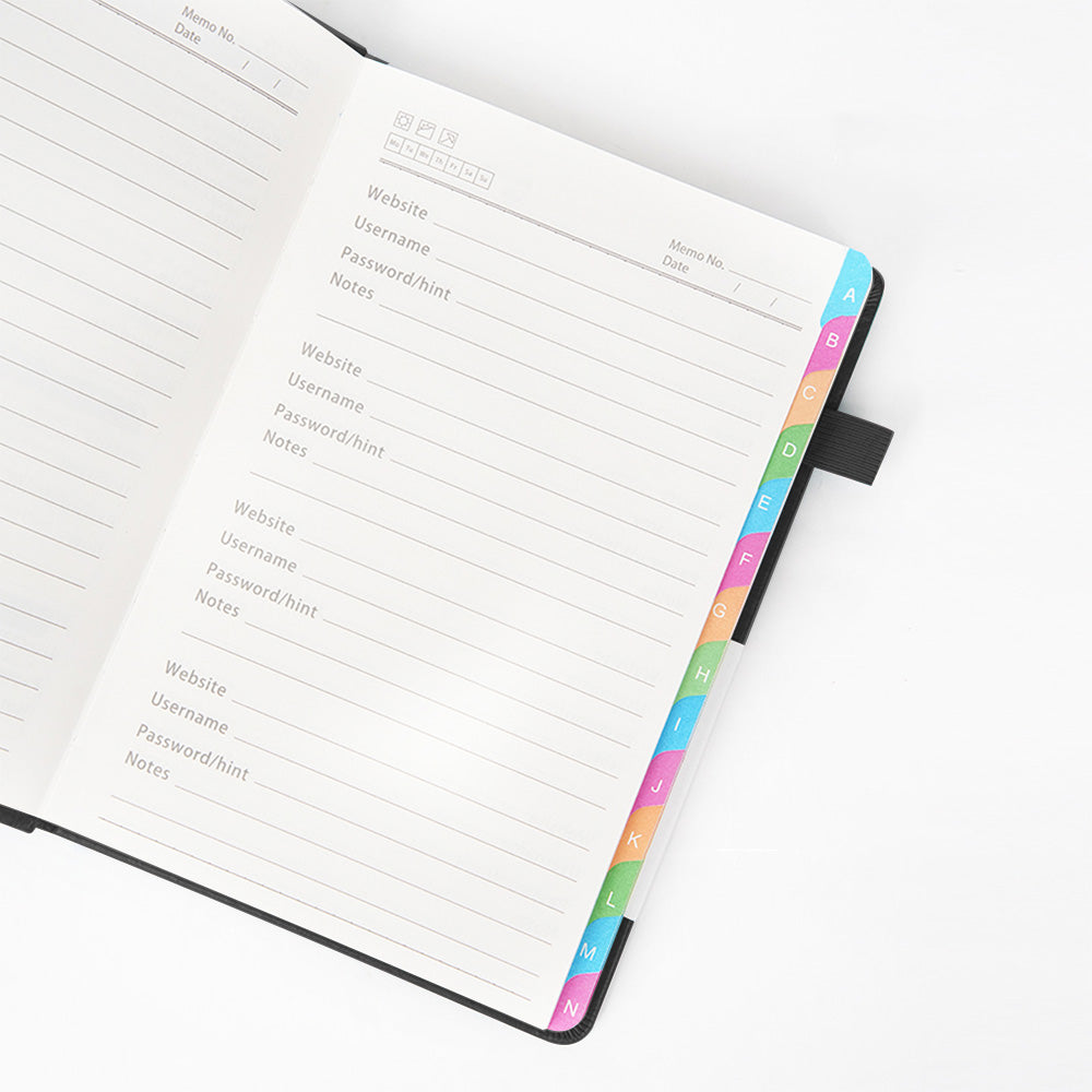 Password Keeper Book with A to Z Alphabet Tabs and Elastic Closure - Black