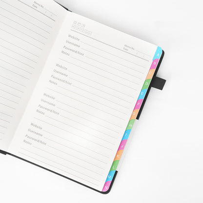 Password Keeper Book with A to Z Alphabet Tabs and Elastic Closure - Black