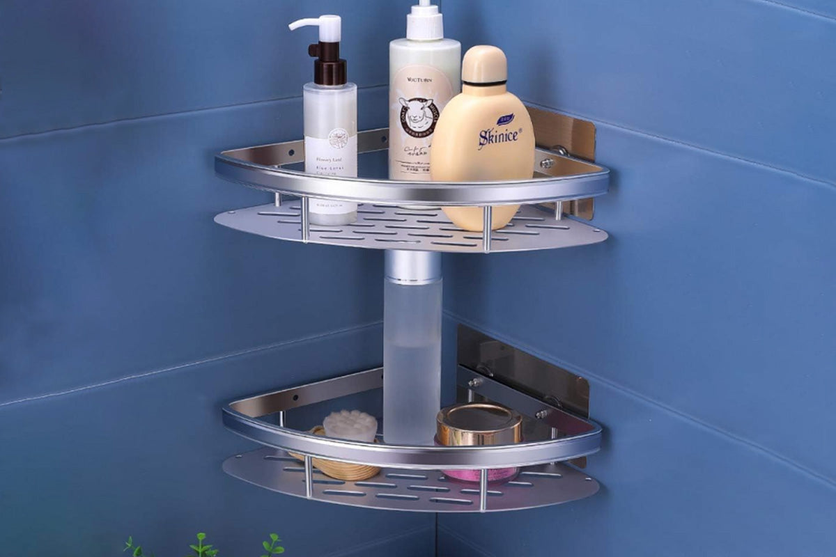 2 Layers Triangular Shower Caddy Shelf Bathroom Corner Bath Rack Storage Holder Organizer