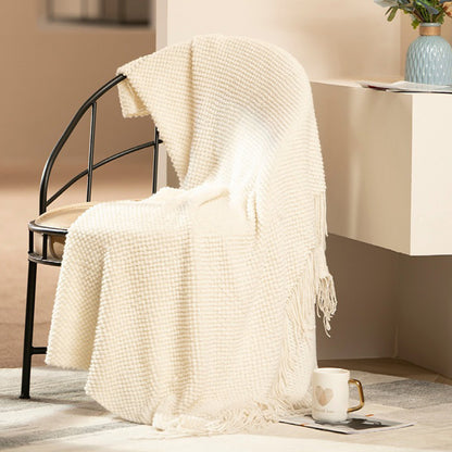 Vintage Knitted Throw Blanket with Tassels-Beige