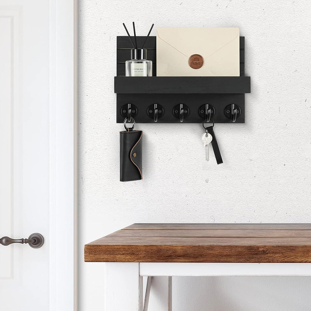 Rustic Wall Mounted Mail and Key Holder Organizer with Hooks for Entryway Black