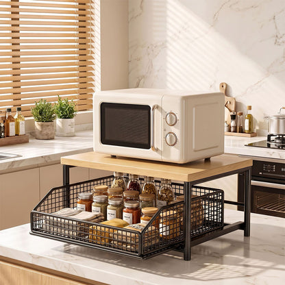 Kitchen Countertop Riser Metal Storage Rack with Pull Out Drawer Organizer Black