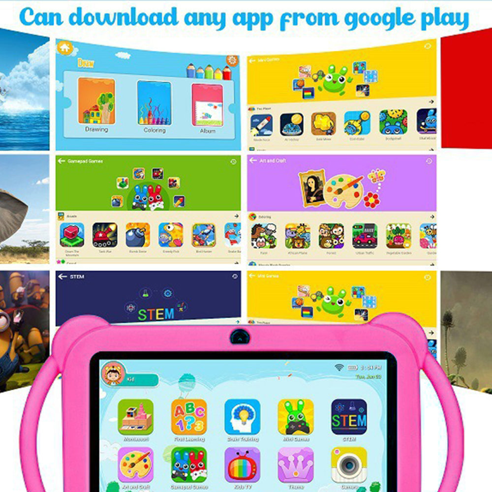7 Inch Android Tablet with Handle Parental Control Dual Camera-Pink