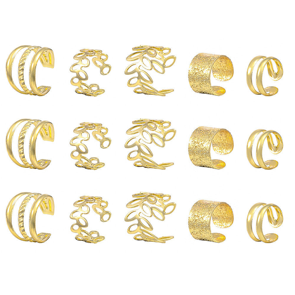 15Pcs Set Unisex Clip On Non-Piercing Earrings Fake Helix Cartilage Conch Ear Decorations Gold