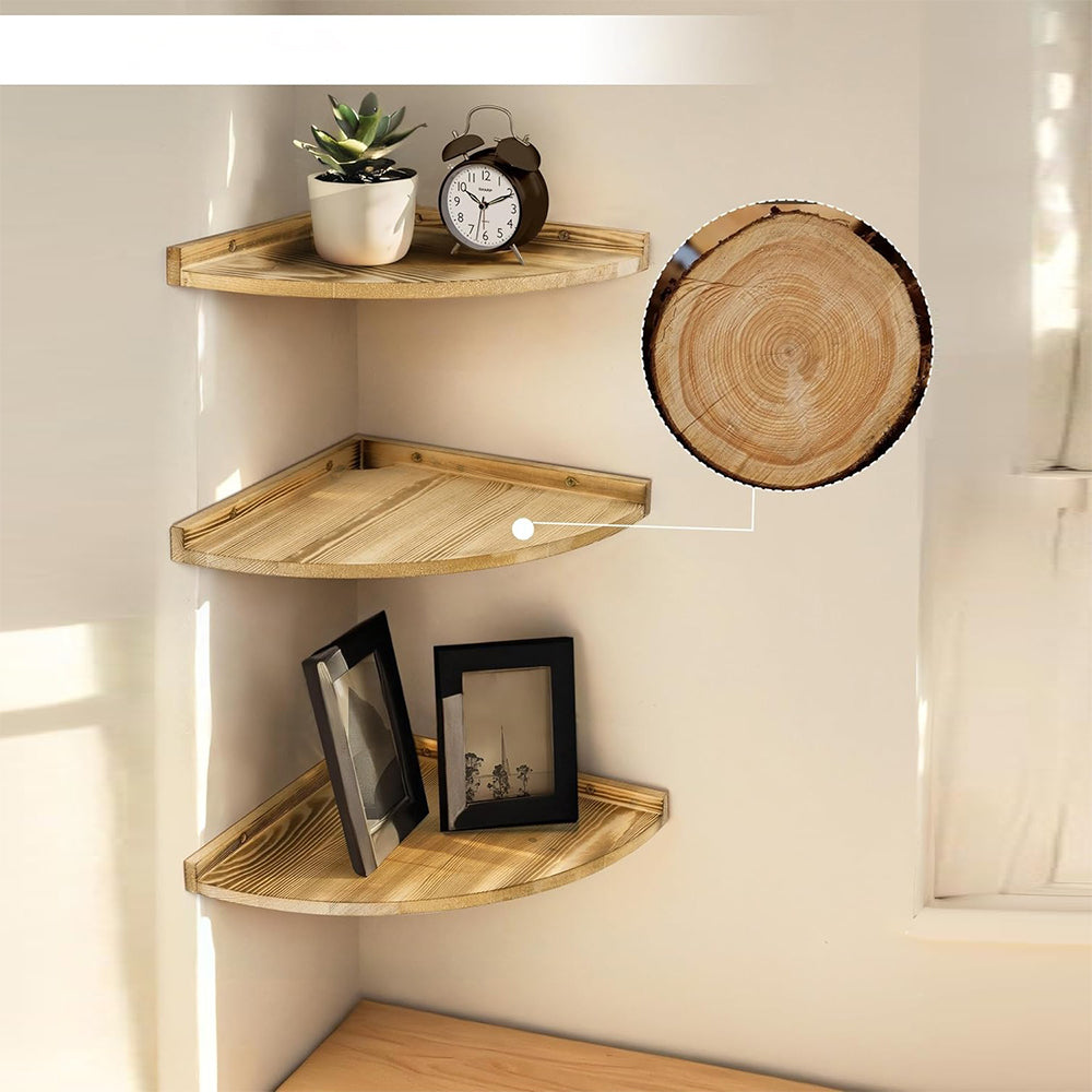 3-Tier Carbonized Wood Corner Shelf for Bathroom Living Room