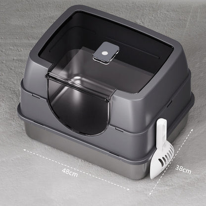 Fully Enclosed Flip Top Stainless Steel Cat Litter Box Large Space and Odor Control