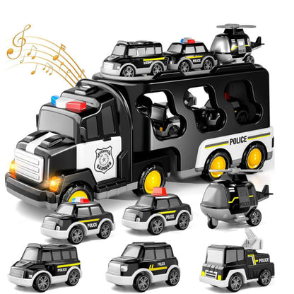 Kids LED Toy Cars Set Music Sound Truck Car with 6 Mini Cars Christmas Birthday Surprise Black