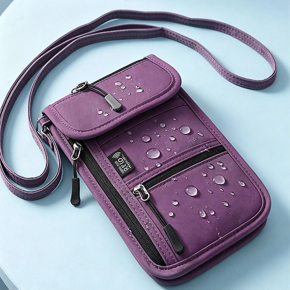 RFID Lined Travel Passport Holder Neck Wallet -Purple