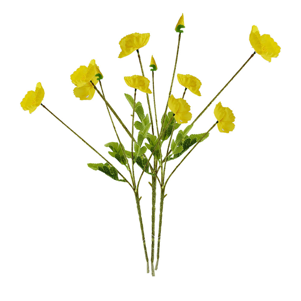 3Pcs 4-Head Artificial Corn Poppy Flowers Flocking Stem Bouquet Home Office Decor Yellow