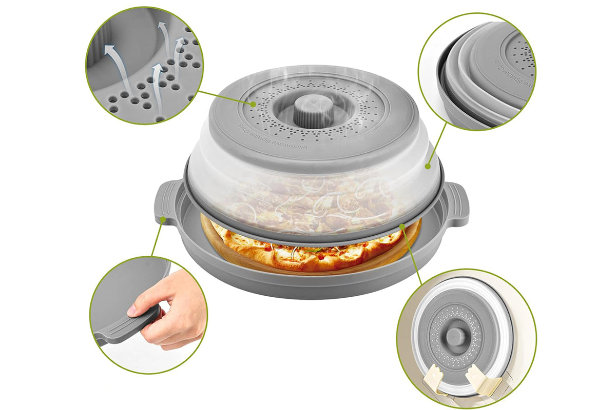 Microwave Food Splatter Cover with Drip Tray and Handles-Grey