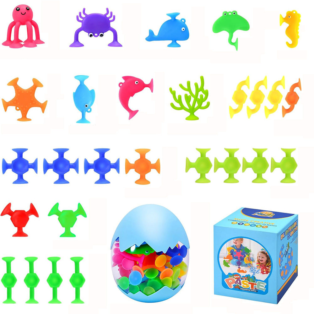 27Pcs Set Suction Bath Toys Sensory Shower Toys with Egg Shell Storage Box