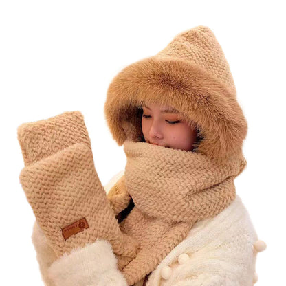 3-in-1 Hooded Scarf Hat Winter Warm Plush Hat with Gloves for Riding