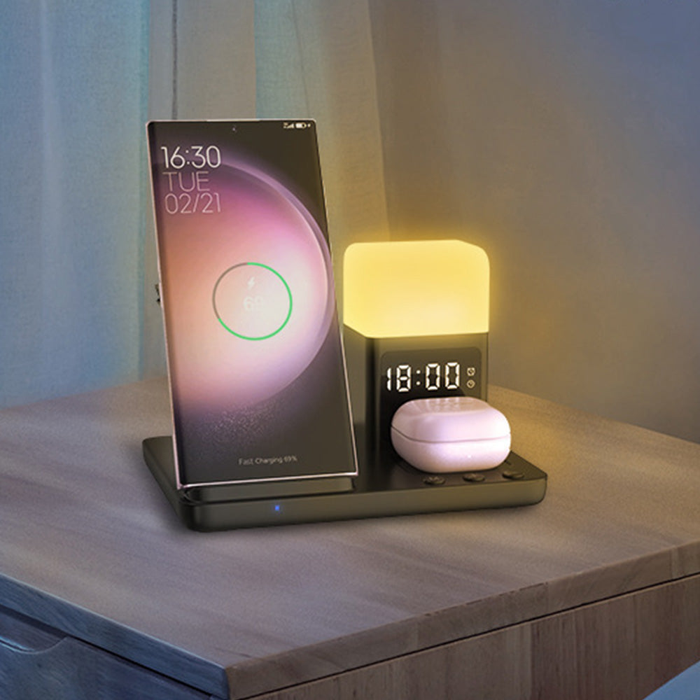 6-in-1 Wireless Charging Station for Multiple Devices with Alarm Clock and Night Light for Samsung Devices