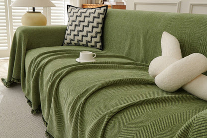 Herringbone Tassel Sofa Throw Cover Large Blanket - Green