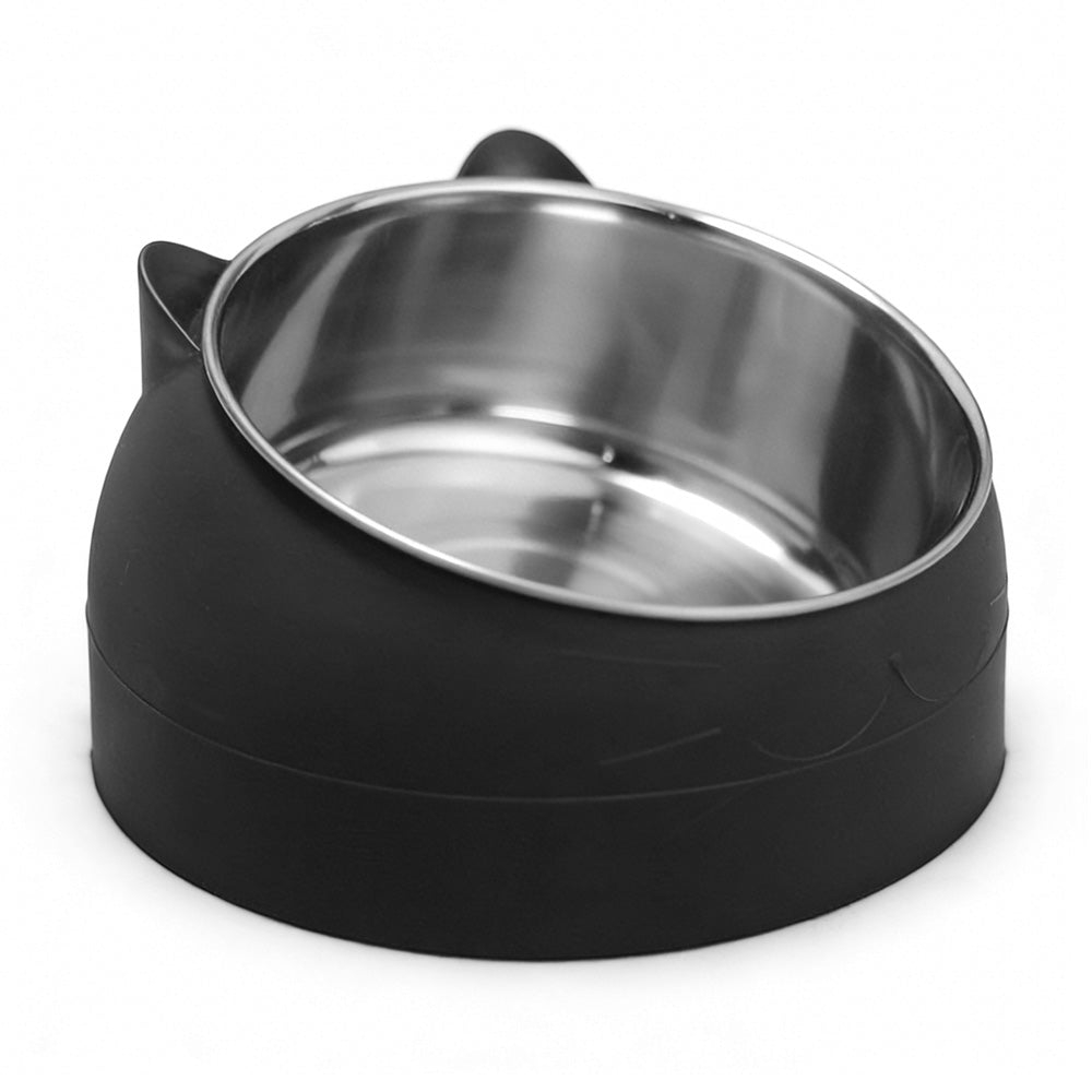 400ml Stainless Steel Tilted Pet Bowl Non-Slip Raised Feeder for Cats and Dogs-Black