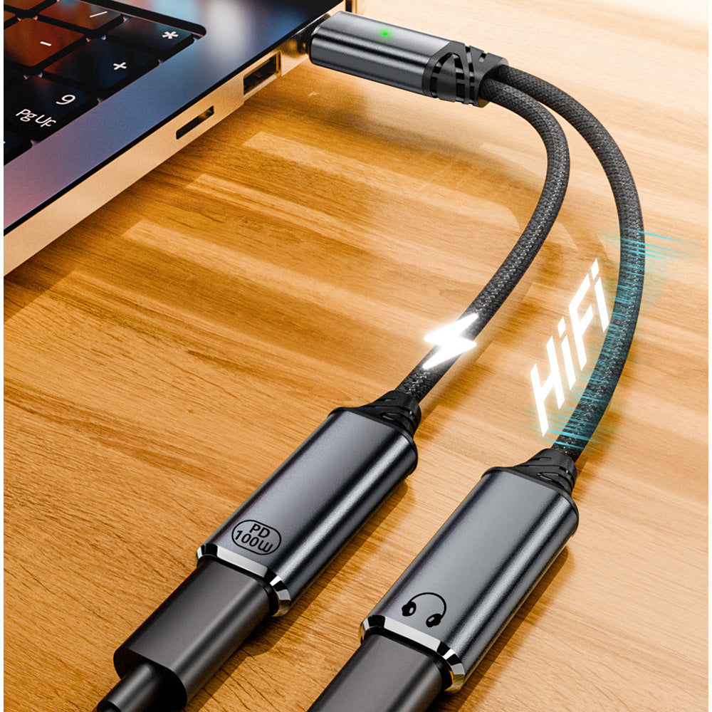 2-in-1 USB-C Splitter Dual Type-C Headphone and Charger Adapter Audio Dongle Cable for iPhone 16 Series Grey