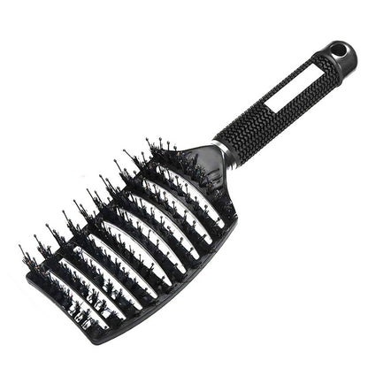 Detangle Nylon Boar Bristle Brush Head Scalp Massage Comb For Fine Hair-Black