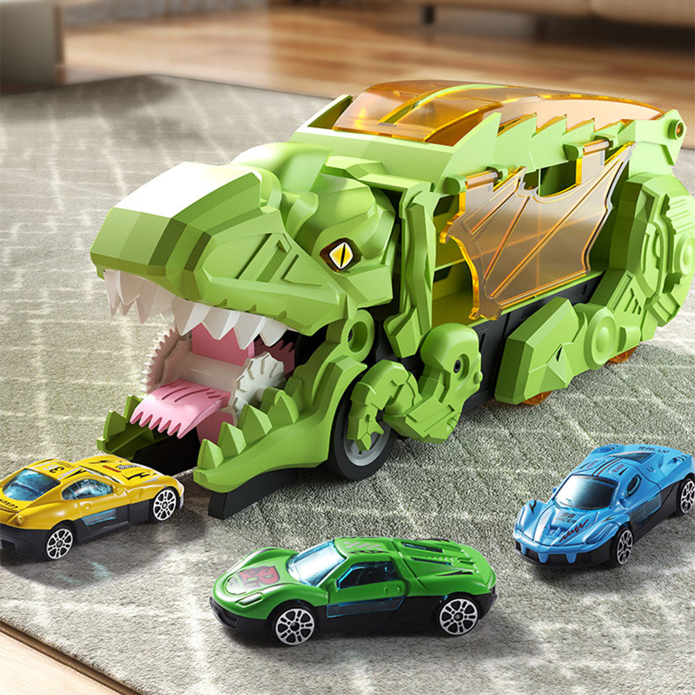 7Pcs Set Dinosaur Truck Toys Foldable Transport Track with 6 Pull Back Cars for Kids Christmas Birthday Green
