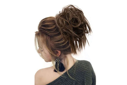 2Pcs High-Temperature Fiber Curly Wavy Scrunchy Messy Hair Bun-Ash Blonde To Bleach Blonde And Medium Brown