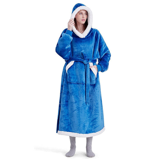Wearable Hoodie Blanket with Giant Pocket and Waist Belt Long Hooded Blanket Peacock Blue