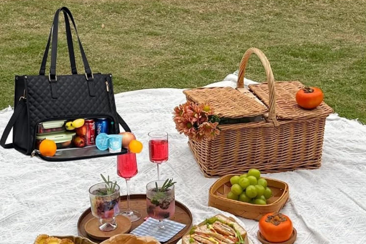 2-in-1 Tote Bag with Insulated Lunch Compartment and Wallet-Black