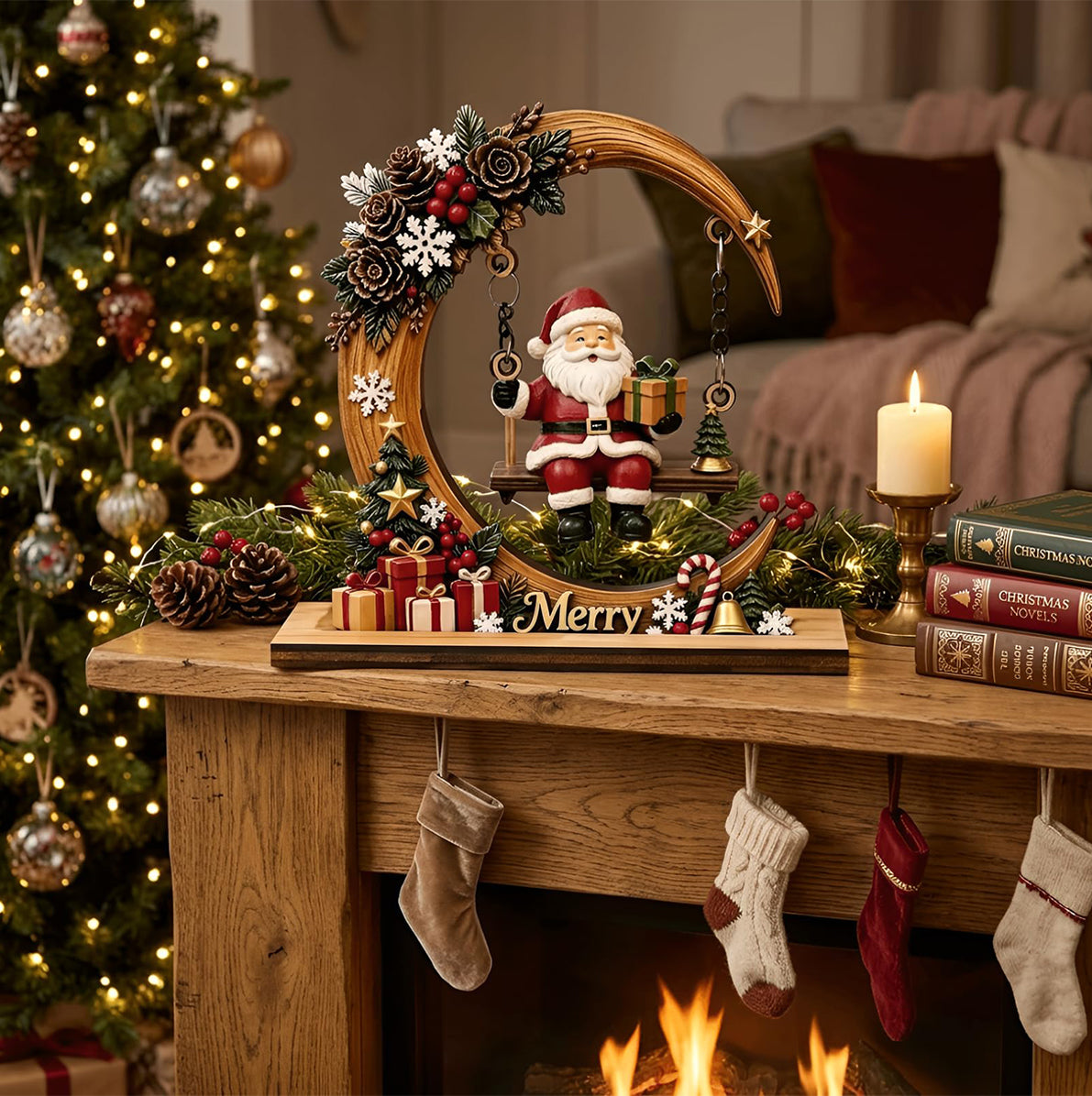 Engineered Wood Crescent Santa Swing Christmas Table Ornament