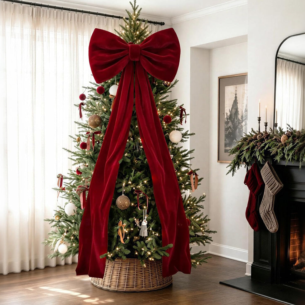 Oversized Velvet Christmas Tree Bow with Long Streamers - Wine Red