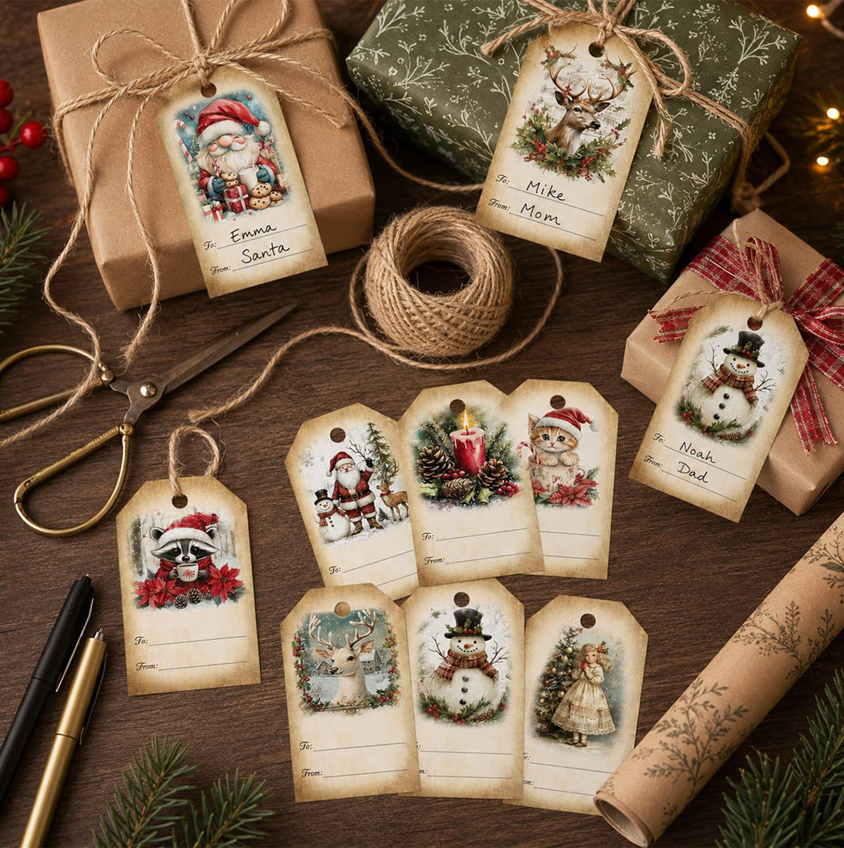 40 Pack Engineered Wood Christmas Gift Tags with Hanging String