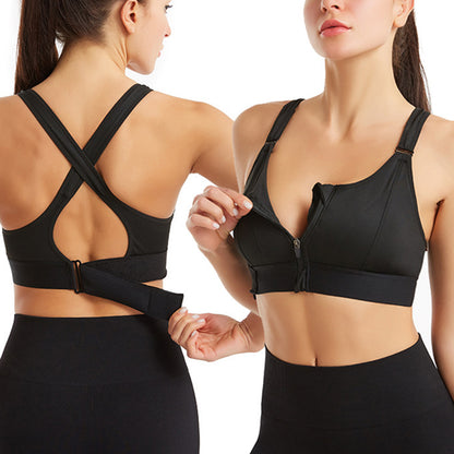 Adjustable Supportive Sports Bra with Front Zipper for Women-Black