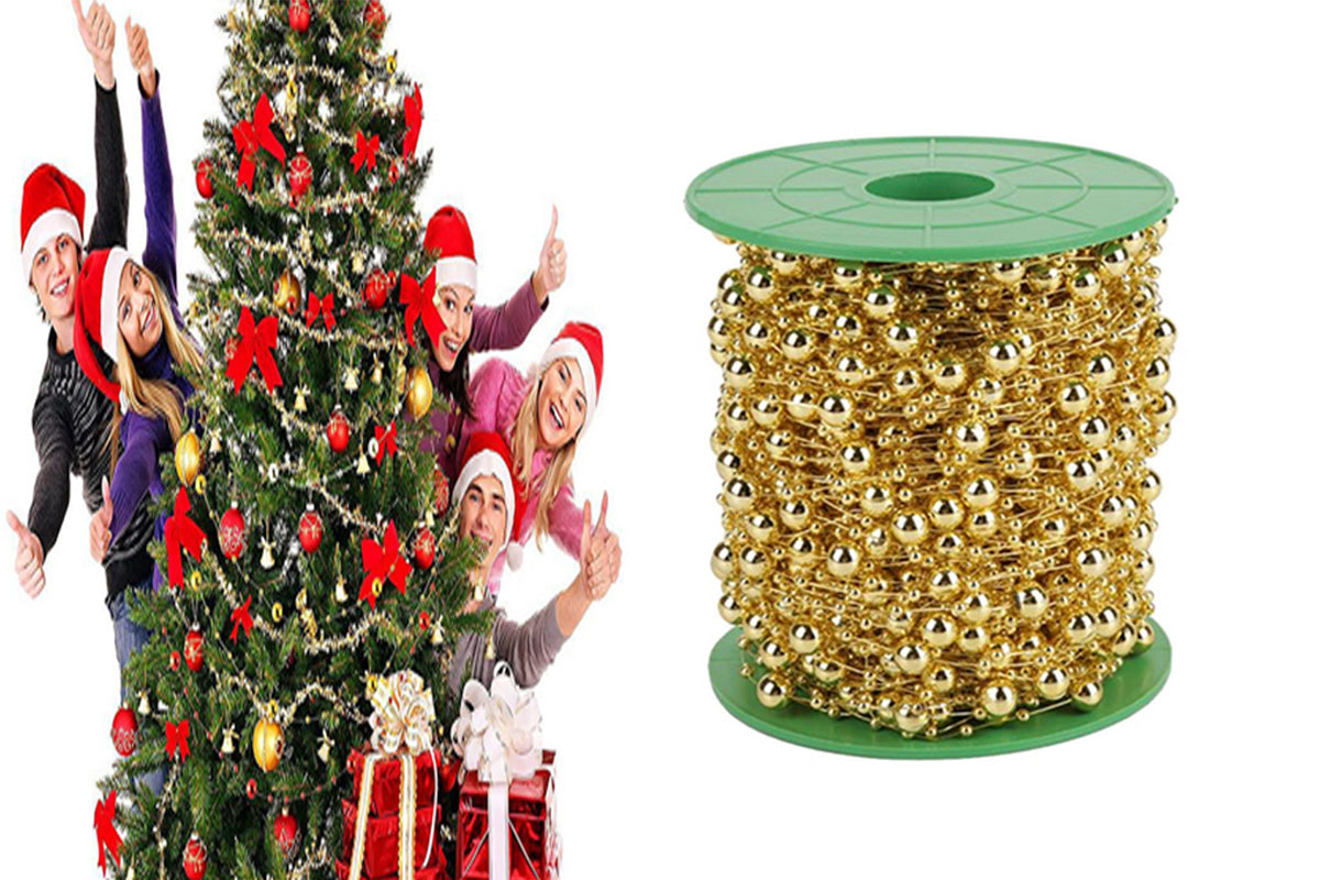 DIY Decor Christmas Tree Artificial Pearls Chain Plastic Bead Roll String-Gold