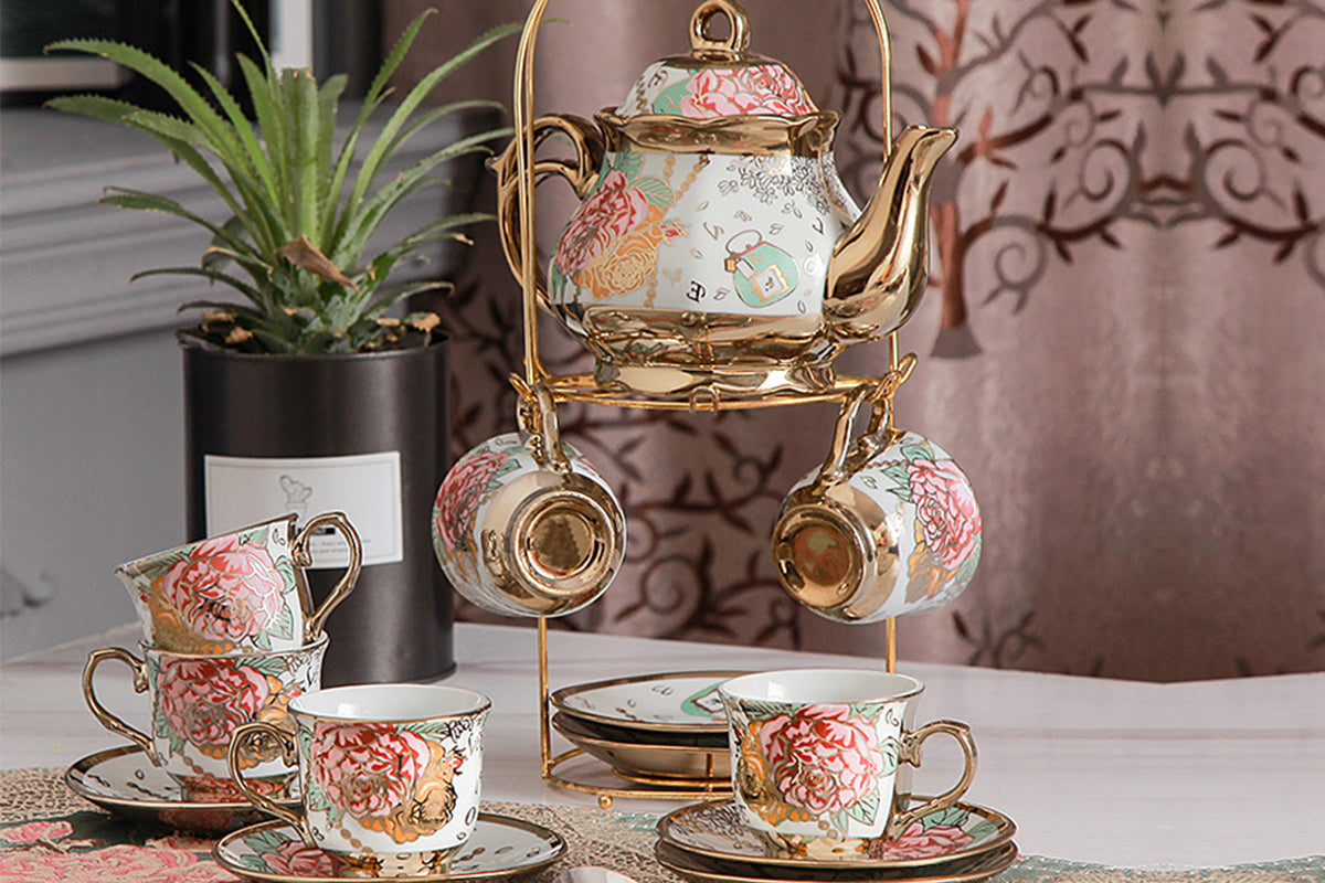 20Pcs Ceramic Tea Sets for Tea Party Porcelain Tea Set With Metal Holder and Teapot