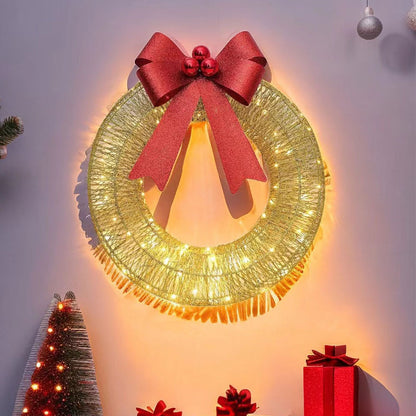 Outdoor Christmas Wreath LED Metal Holiday Garland for Home Exterior Decor-Gold