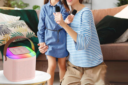 Bluetooth Mini Karaoke Machine Karaoke Speaker with 2 Wireless Microphones and Party Lights for Family Birthday Gifts -Pink