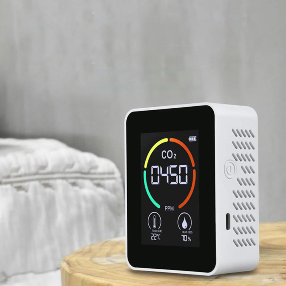 3-in-1 Air Quality Monitor CO2 Meter Temperature Humidity Carbon Dioxide Detector White