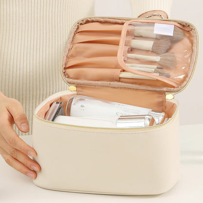 PU Leather Makeup Bag Large Capacity Travel Cosmetic Bag Toiletry Bag for with Handle and Divider White