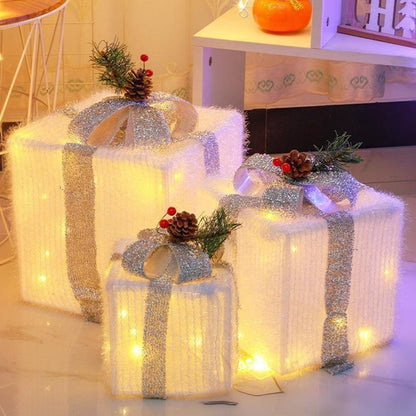 3PCS Lighted Christmas Gift Boxes with 8 Modes for Indoor and Outdoor Decor Silver
