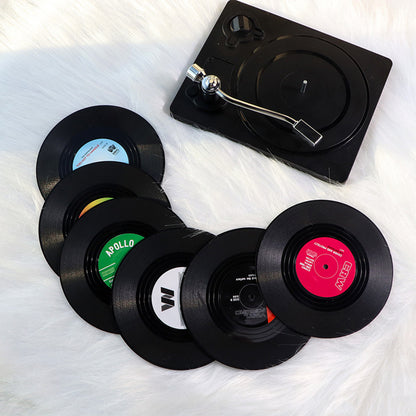 Retro Vinyl Record Coaster Set 6 Pcs with Record Player Stand Gift - White