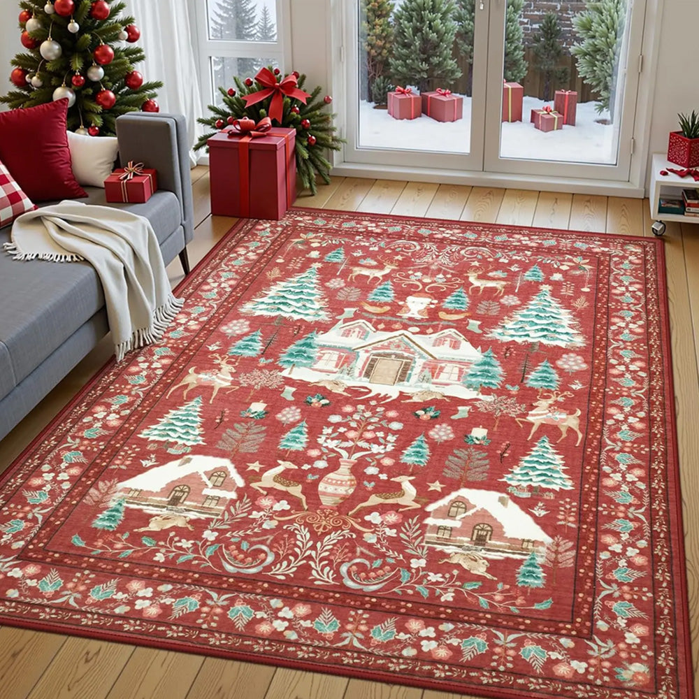 Vintage Christmas Crystal Velvet Area Rug Non-Slip Living Room Floor Mat - Red