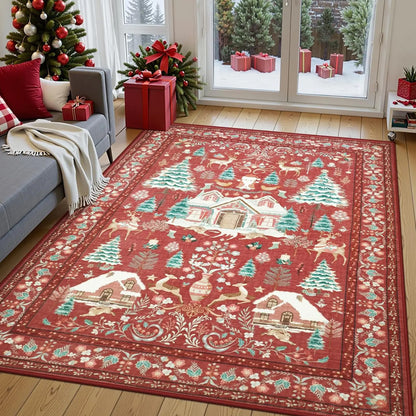 Christmas Floor Mat Vintage Xmas House Area Rug for Living Room Red 120x80cm