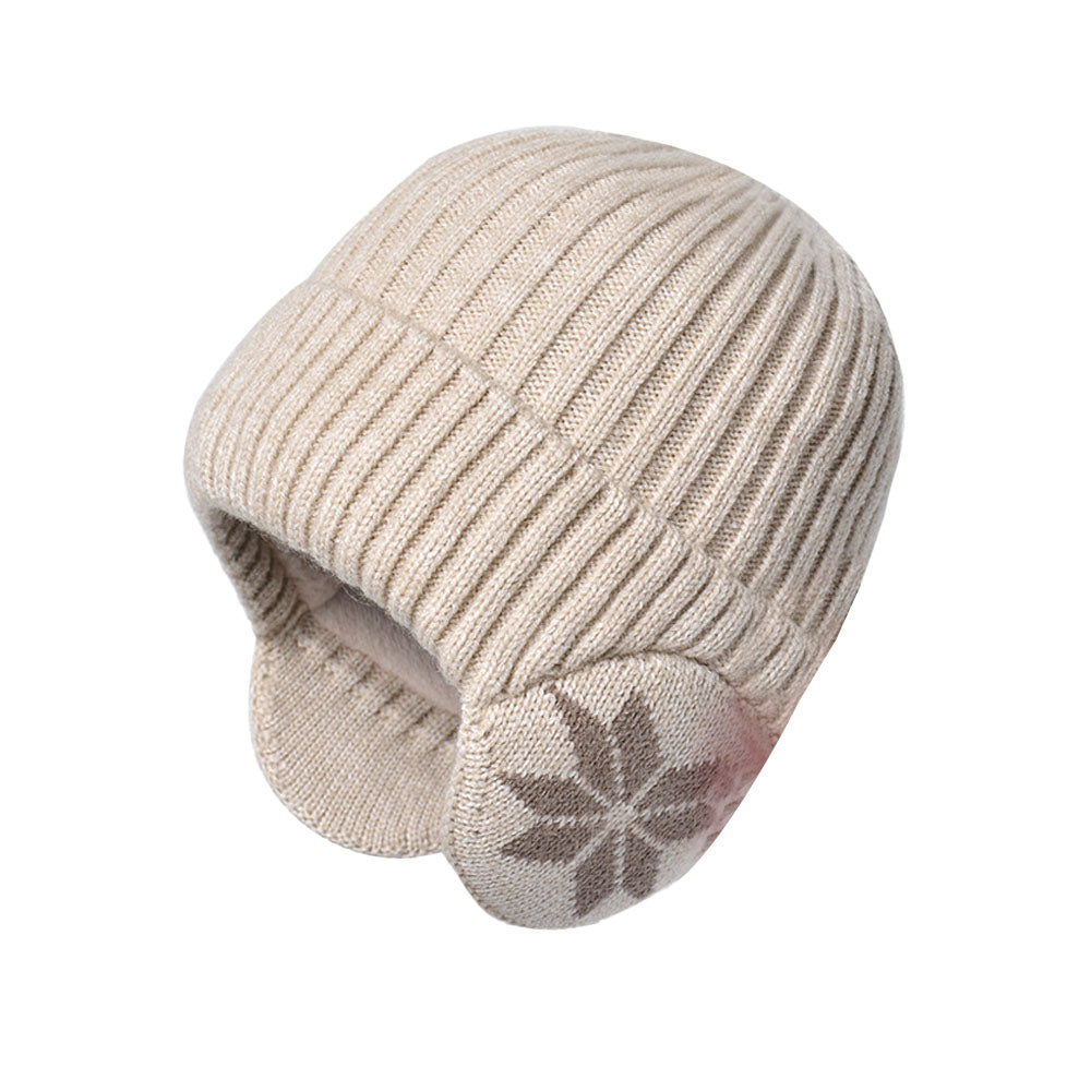 Unisex Winter Knit Earflap Beanie Hat Warm Ear Flap Hat with Knit Brimmed Ski Cap Beige