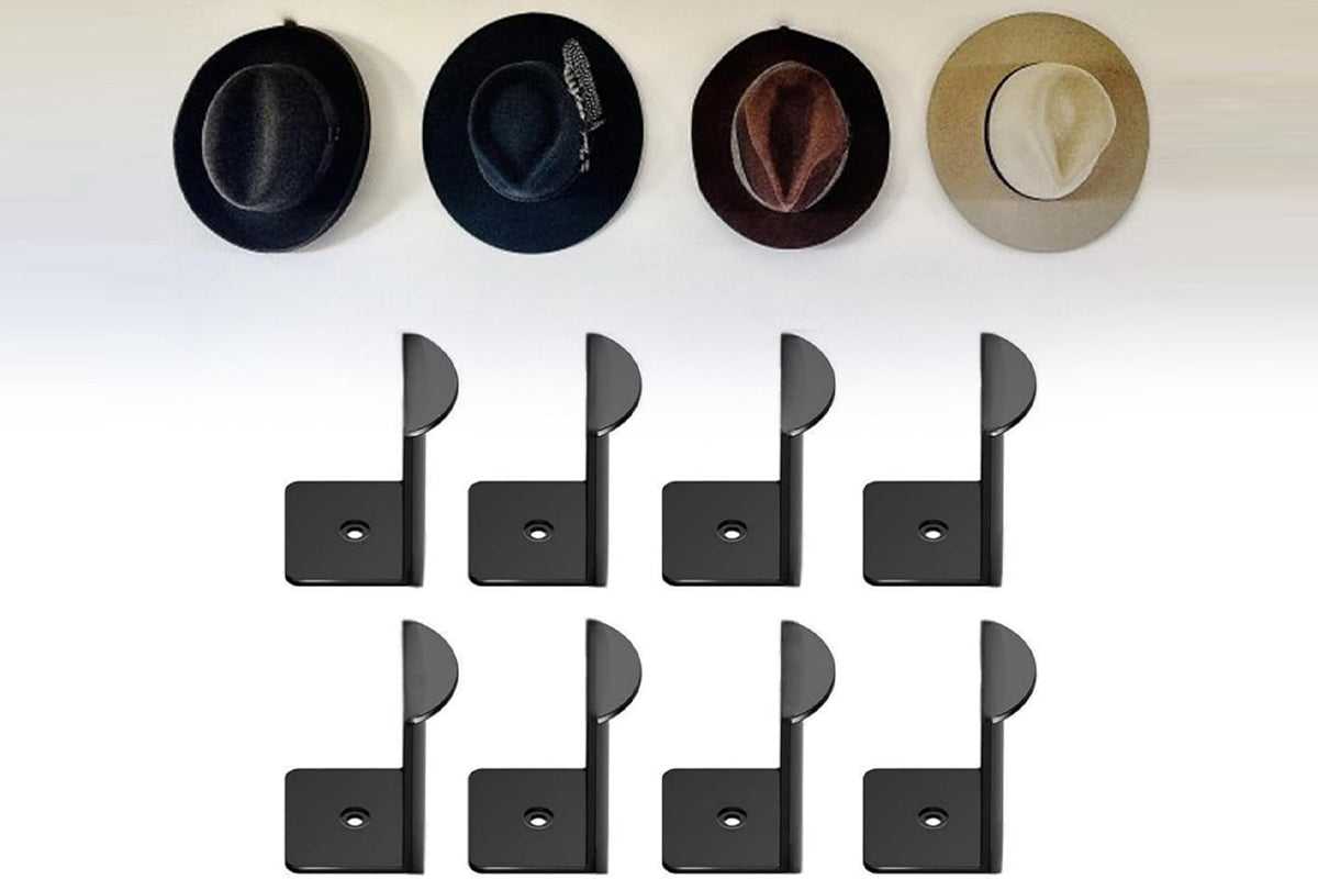 8Pcs Hat Hooks for Wall Cowboy Hat Rack Organizer for Baseball Caps -Black